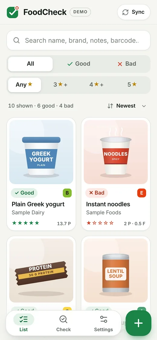 The FoodCheck demo: a list of sample products marked good or bad with star ratings