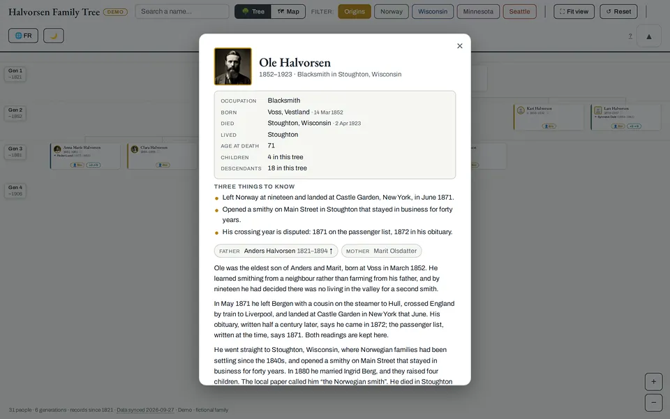 The Family History Site demo: a family tree with Ole Halvorsen’s biography card open