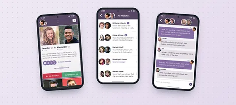 Coupler app screens on three phones: a couple’s profile, their matches, and a group chat