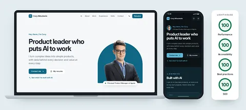 This website’s homepage on a laptop in the light theme and on a phone in the dark theme, next to four Lighthouse scores of 100